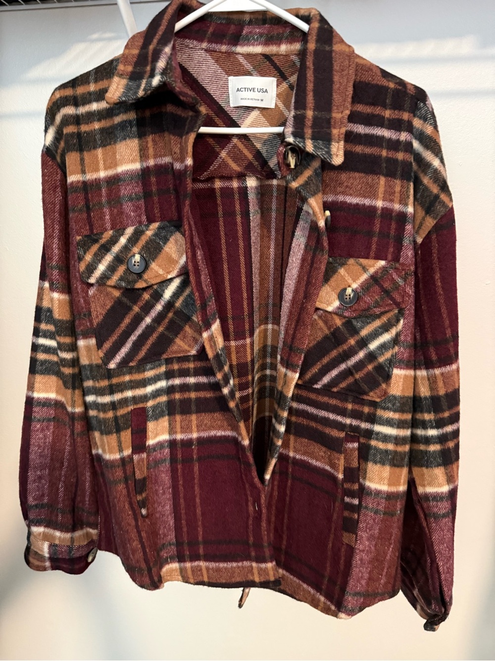 Women’s Active USA Plaid Shacket in Maroon and Tan